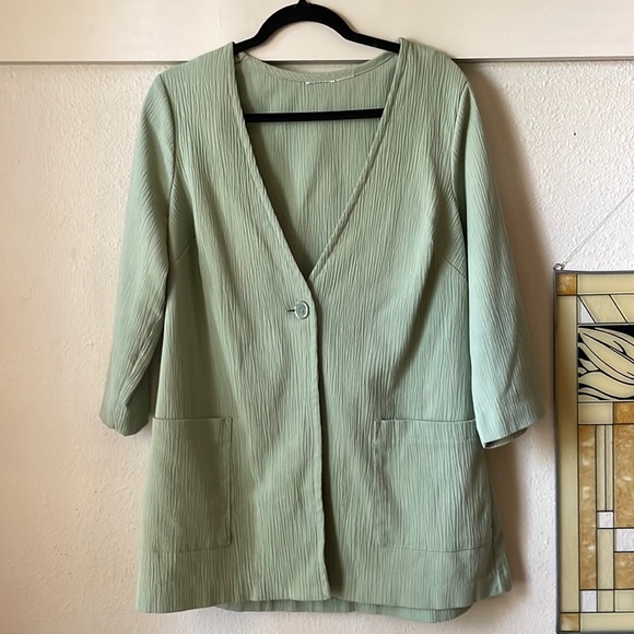 Vintage sage green ribbed button front duster cardigan with pockets - Picture 1 of 5